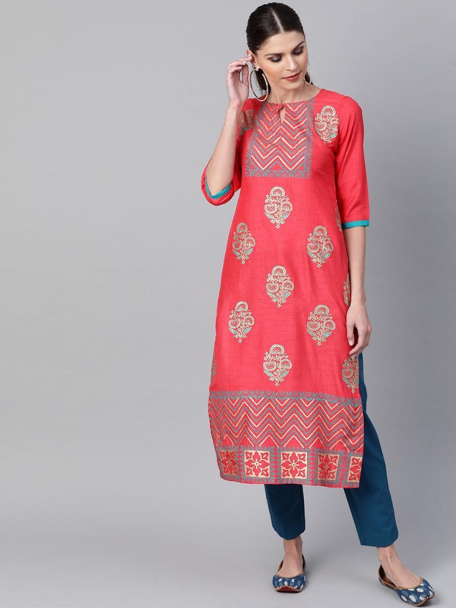 Pink Self Design Chanderi Kurta - ShopLibas