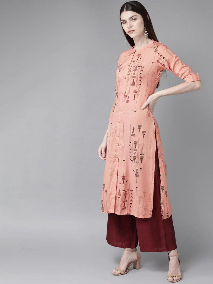 Peach Printed Rayon Kurta