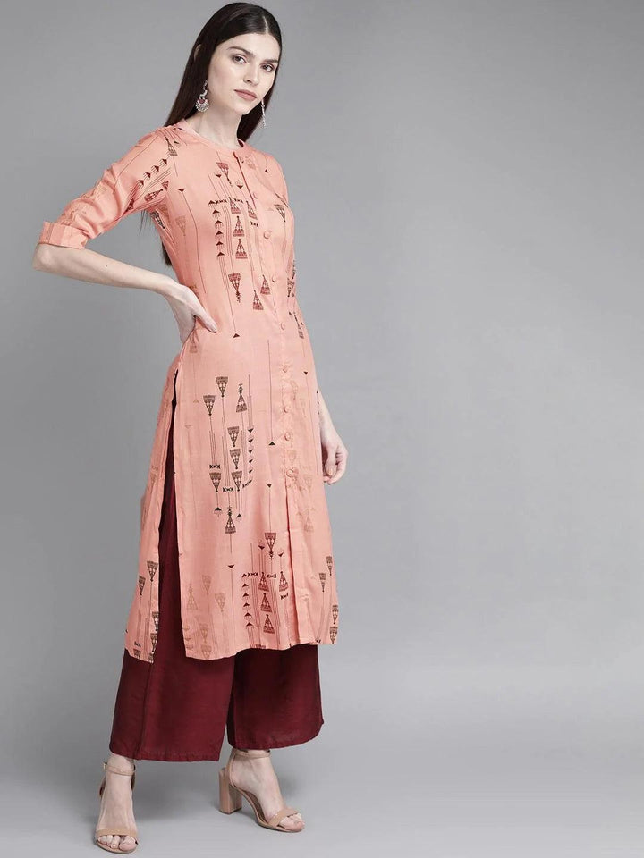 Peach Printed Rayon Kurta