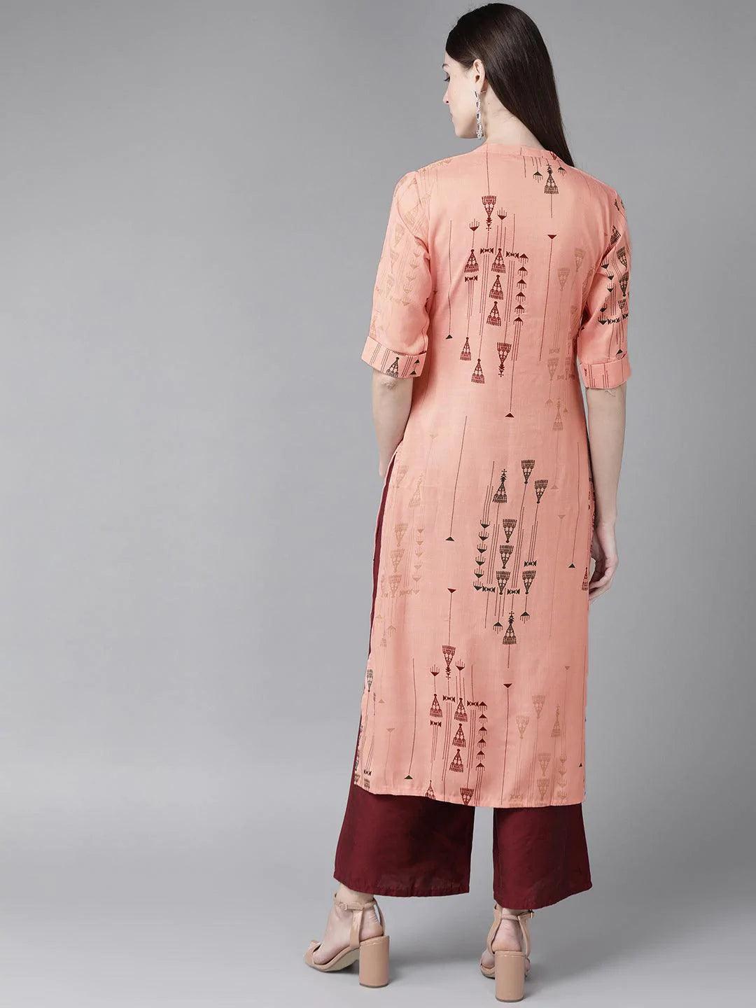 Peach Printed Rayon Kurta - ShopLibas