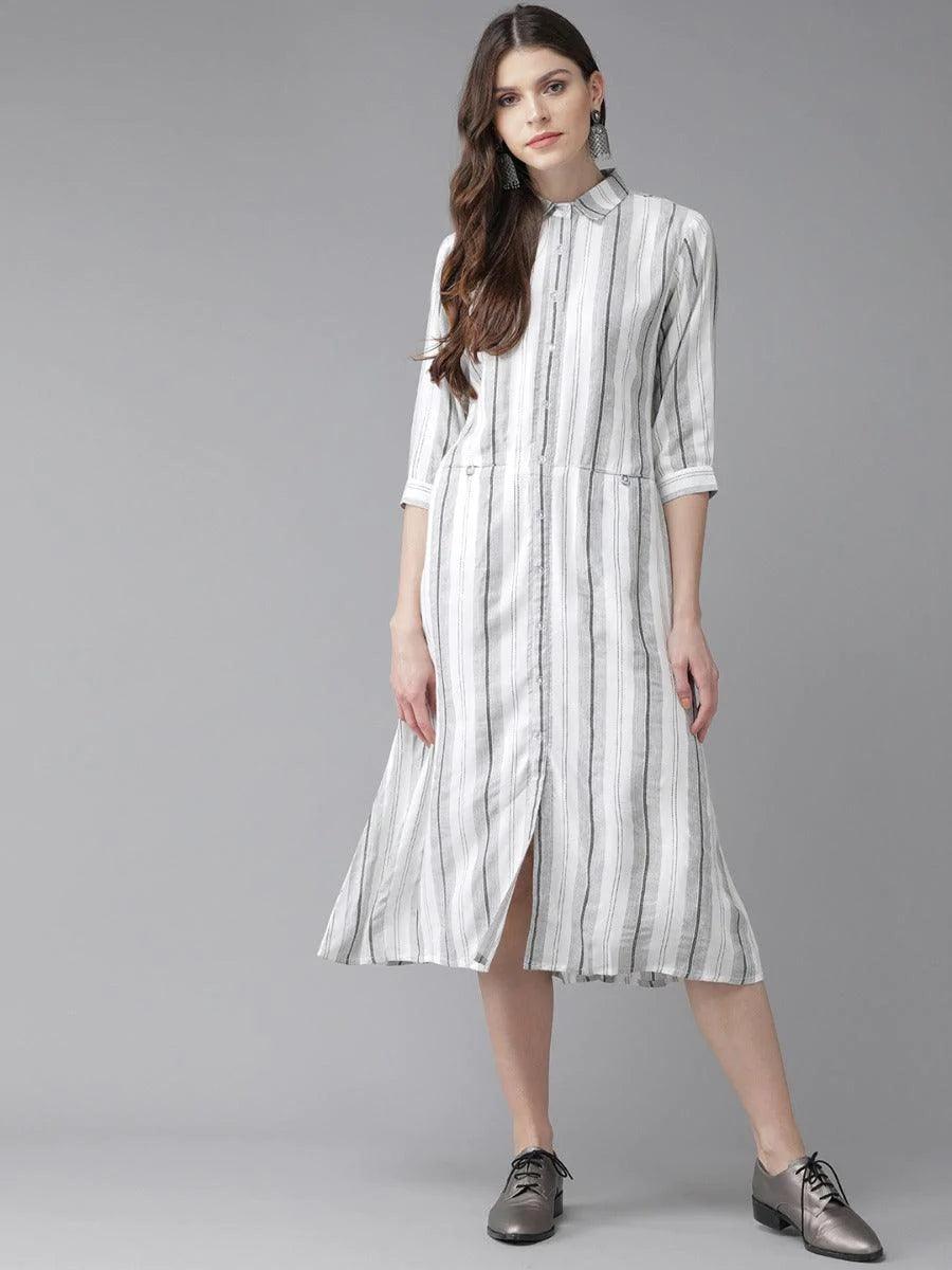 White Striped Rayon Dress - ShopLibas