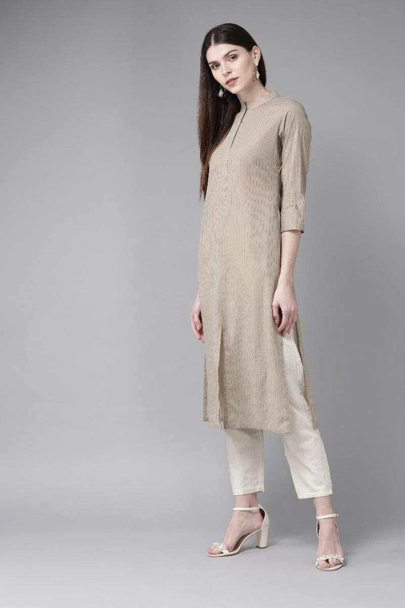Taupe Striped Cotton Kurta - ShopLibas