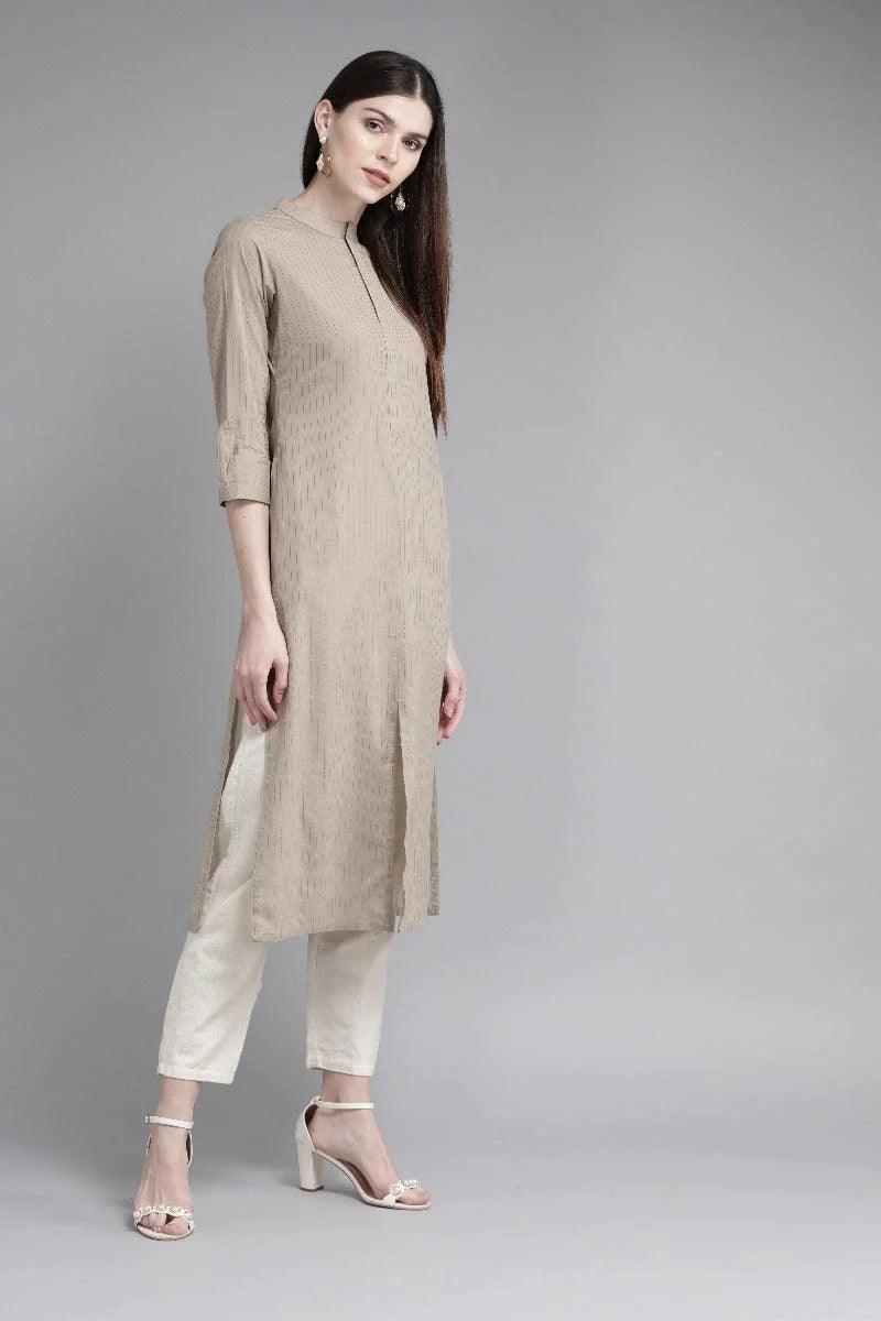 Taupe Striped Cotton Kurta - ShopLibas