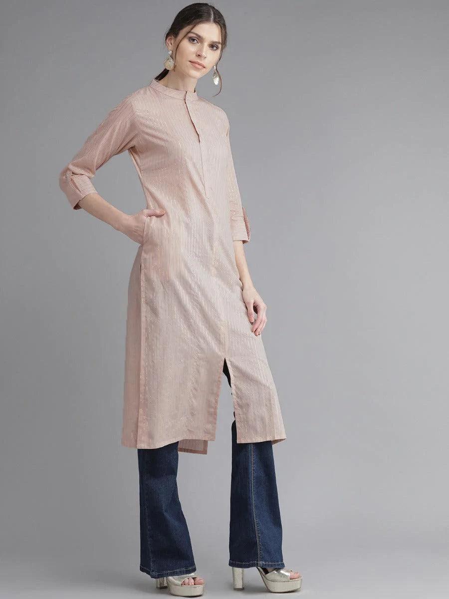 Dusky Peach Striped Cotton Kurta - ShopLibas