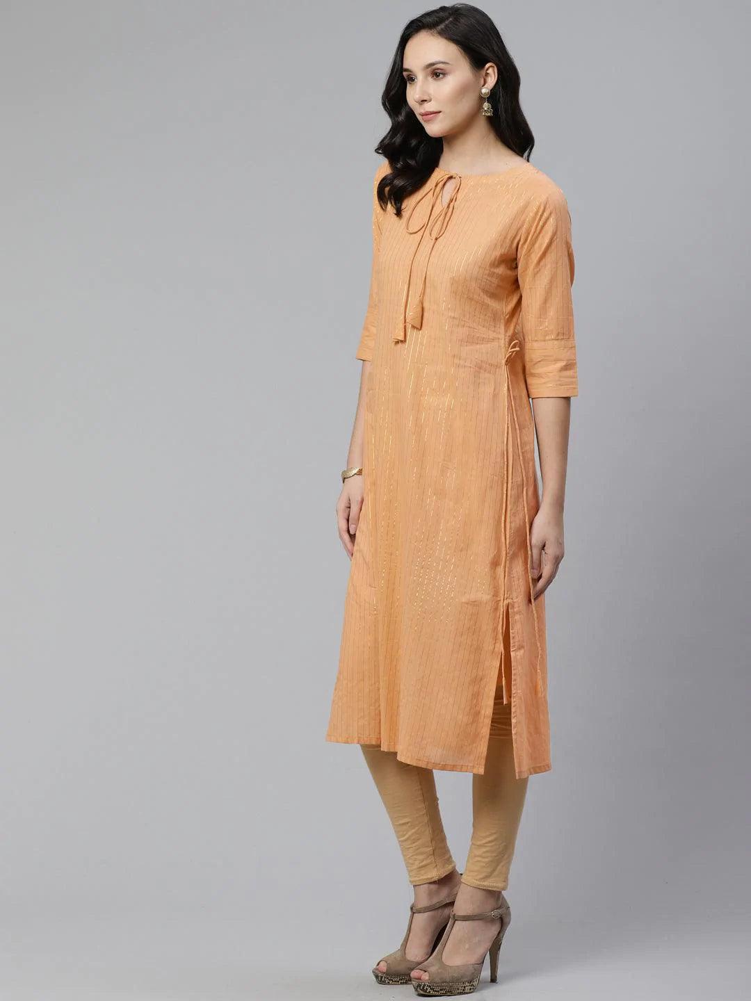 Beige Striped Cotton Kurta - ShopLibas