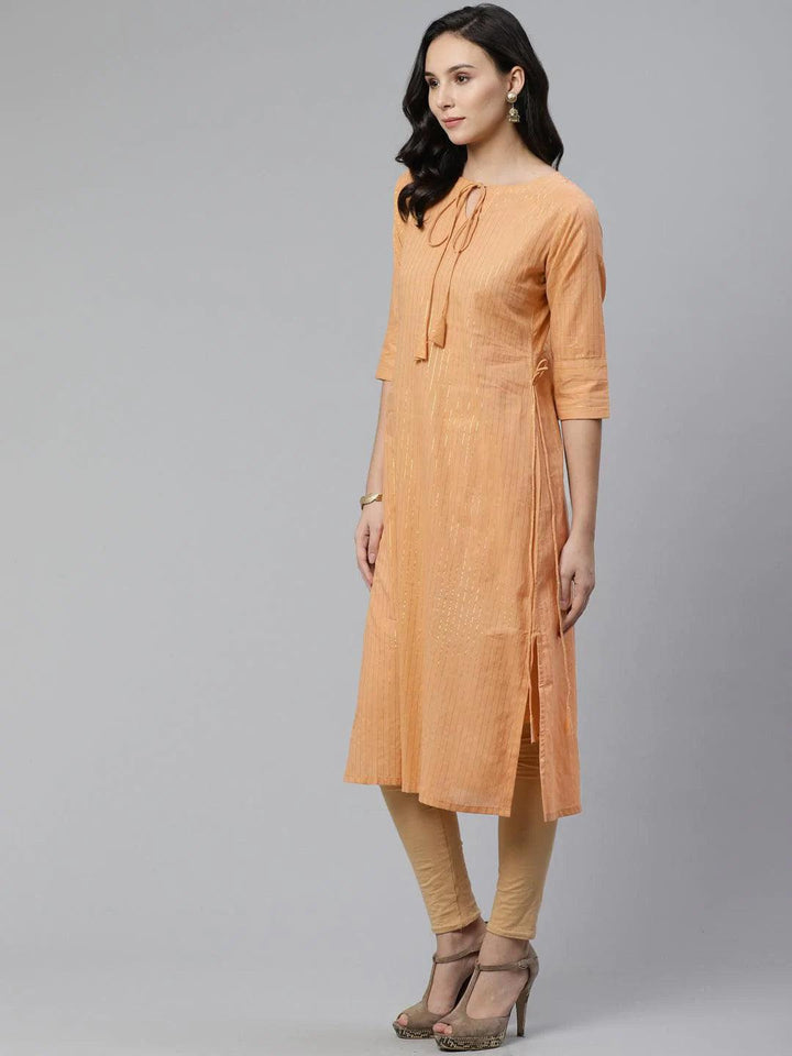 Beige Striped Cotton Kurta