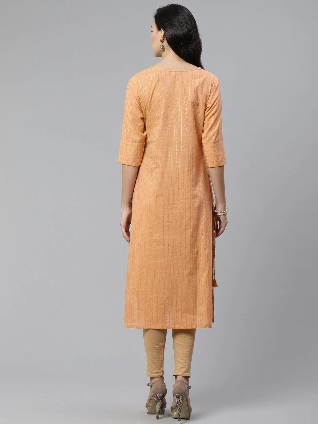 Beige Striped Cotton Kurta - ShopLibas