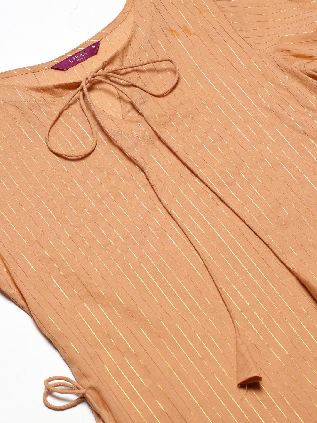 Beige Striped Cotton Kurta - ShopLibas