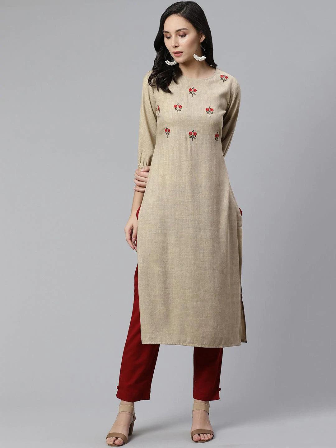 Beige Embroidered Rayon Kurta - ShopLibas