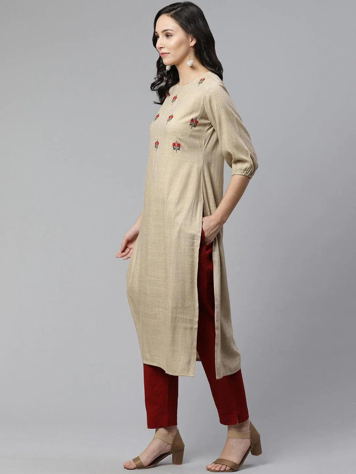 Beige Embroidered Rayon Kurta