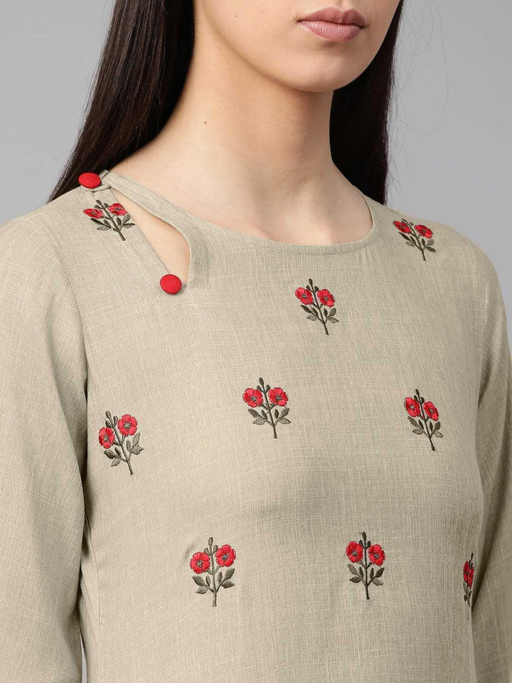 Beige Embroidered Rayon Kurta