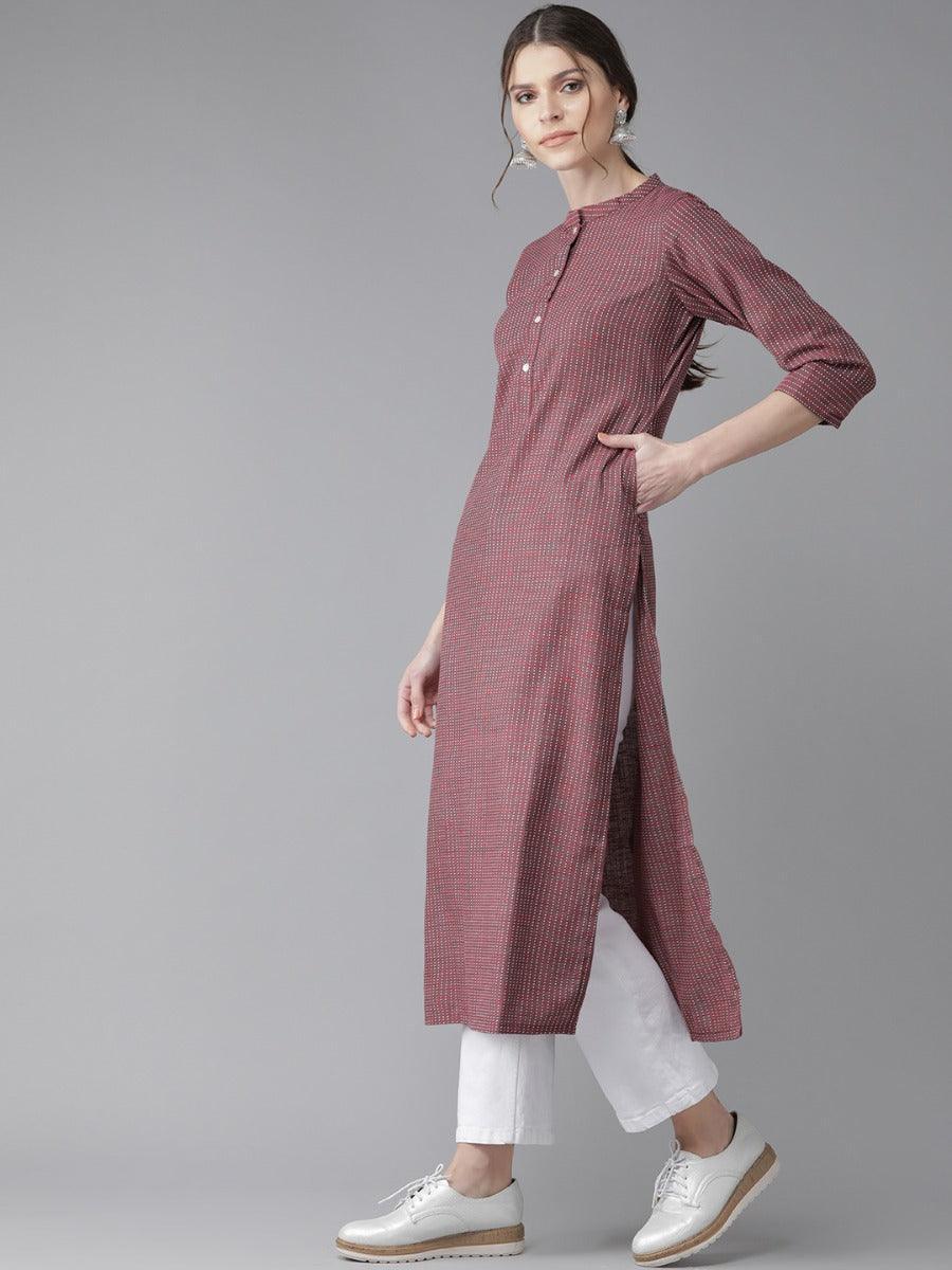 Maroon Striped Cotton Kurta - ShopLibas