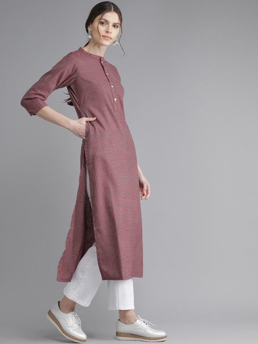 Maroon Striped Cotton Kurta - ShopLibas
