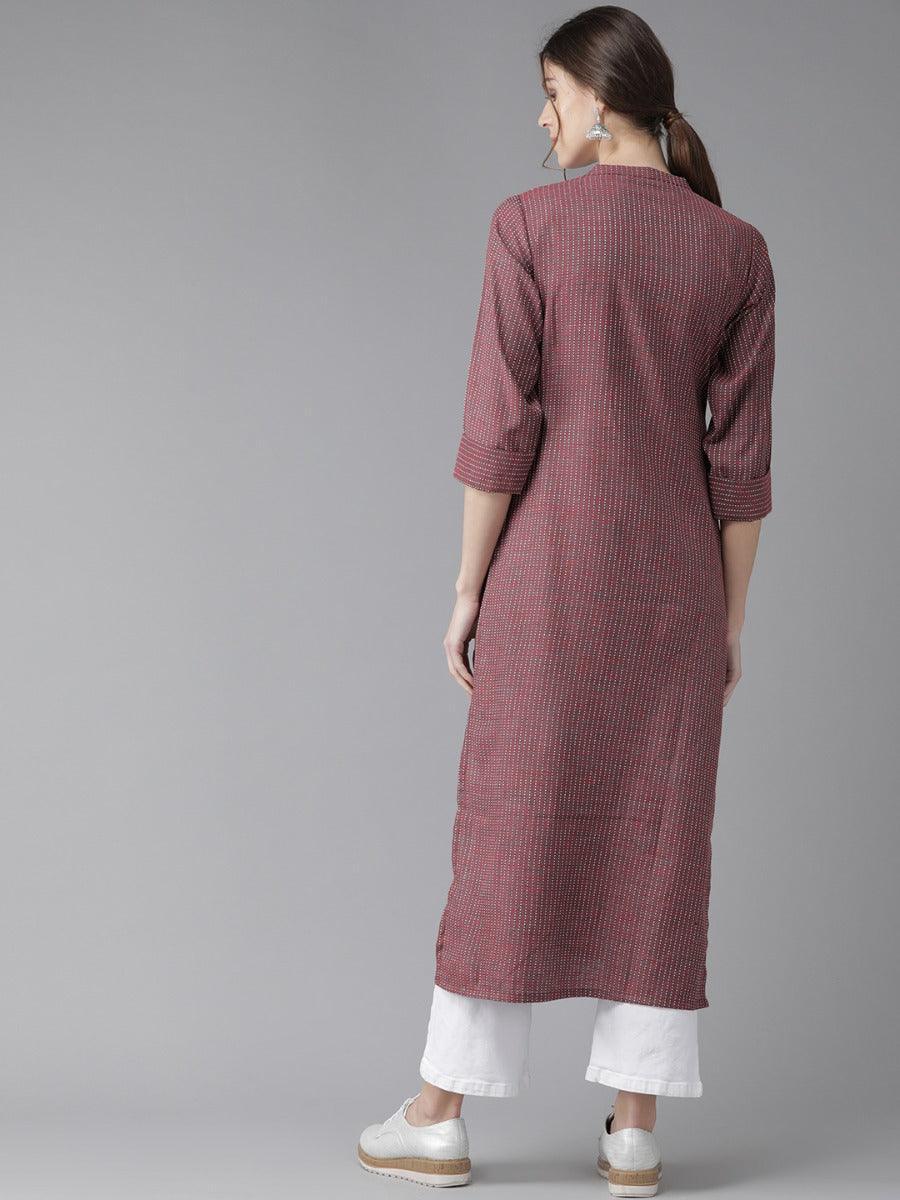 Maroon Striped Cotton Kurta - ShopLibas