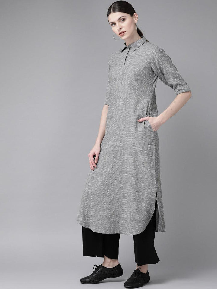 Grey Self Design Cotton Kurta
