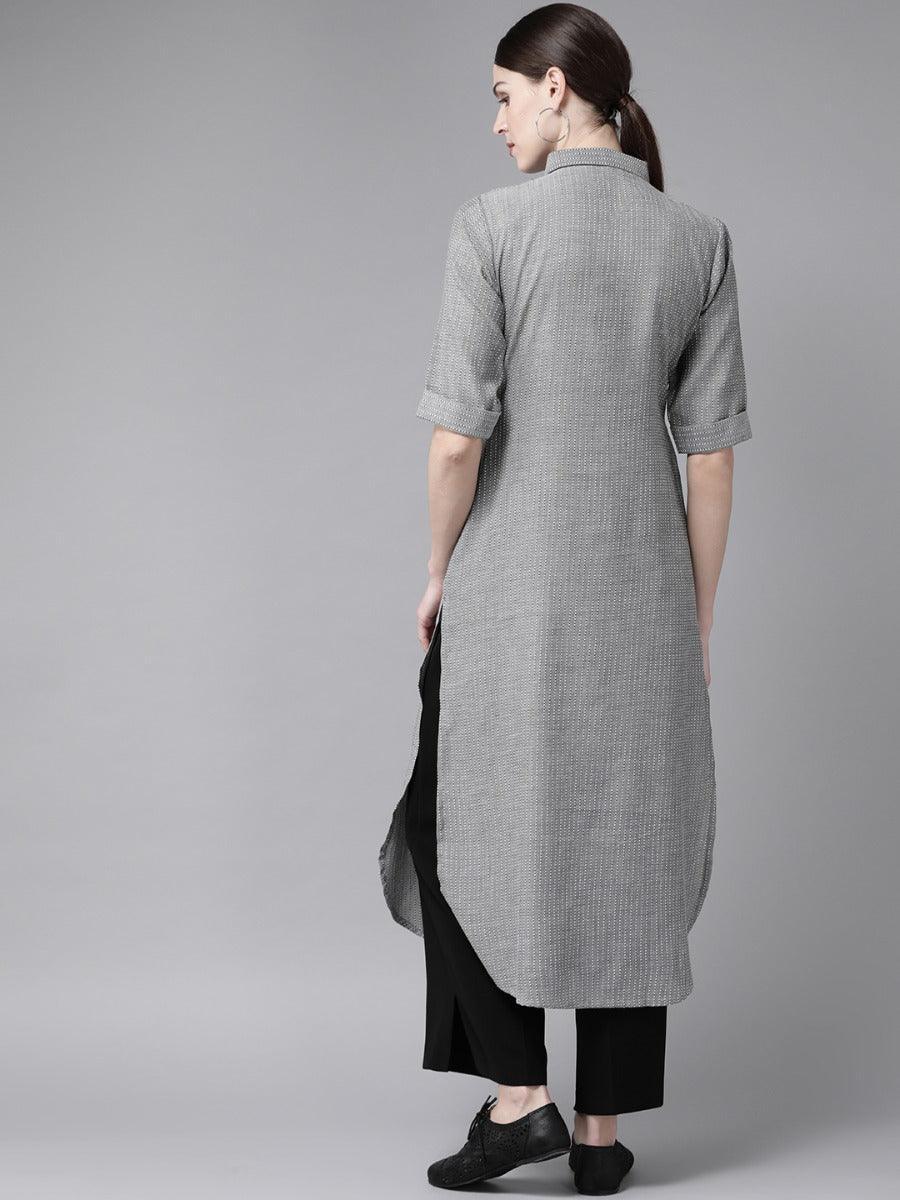 Grey Self Design Cotton Kurta - ShopLibas
