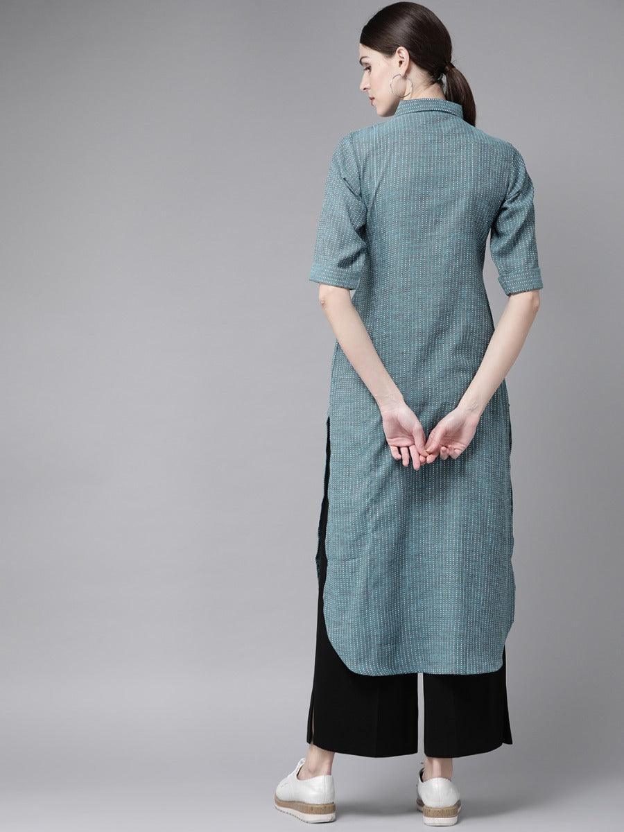 Blue Self Design Cotton Kurta - ShopLibas