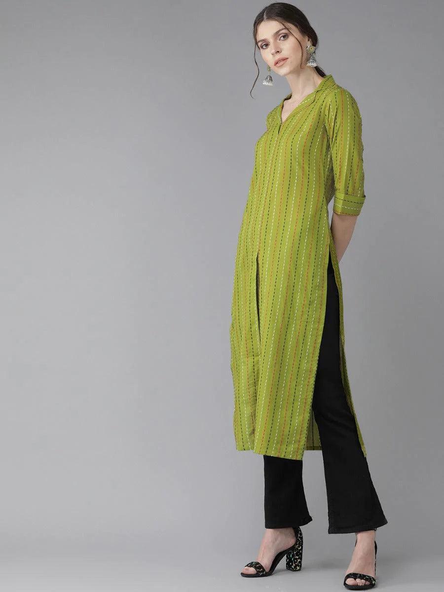 Green Striped Cotton Kurta - ShopLibas