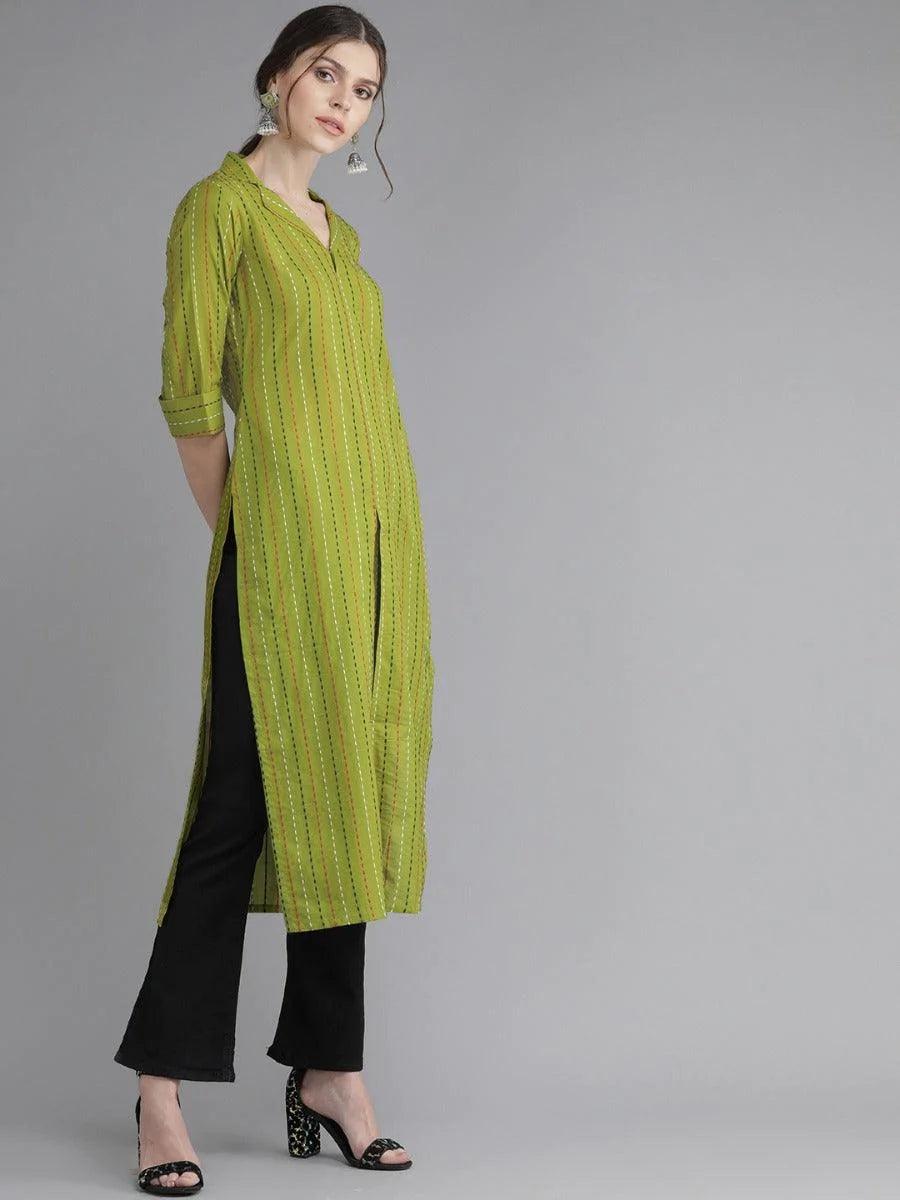 Green Striped Cotton Kurta - ShopLibas