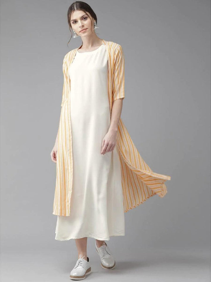 Off-White Striped Rayon Dress With Jacket