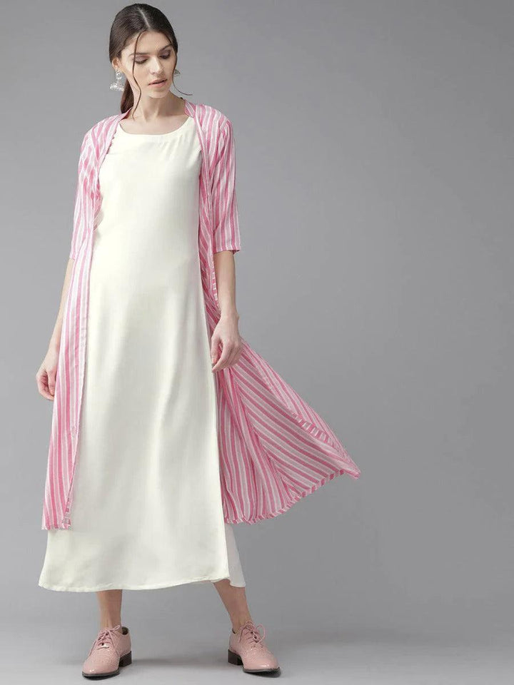 Off-White Striped Rayon Dress With Jacket