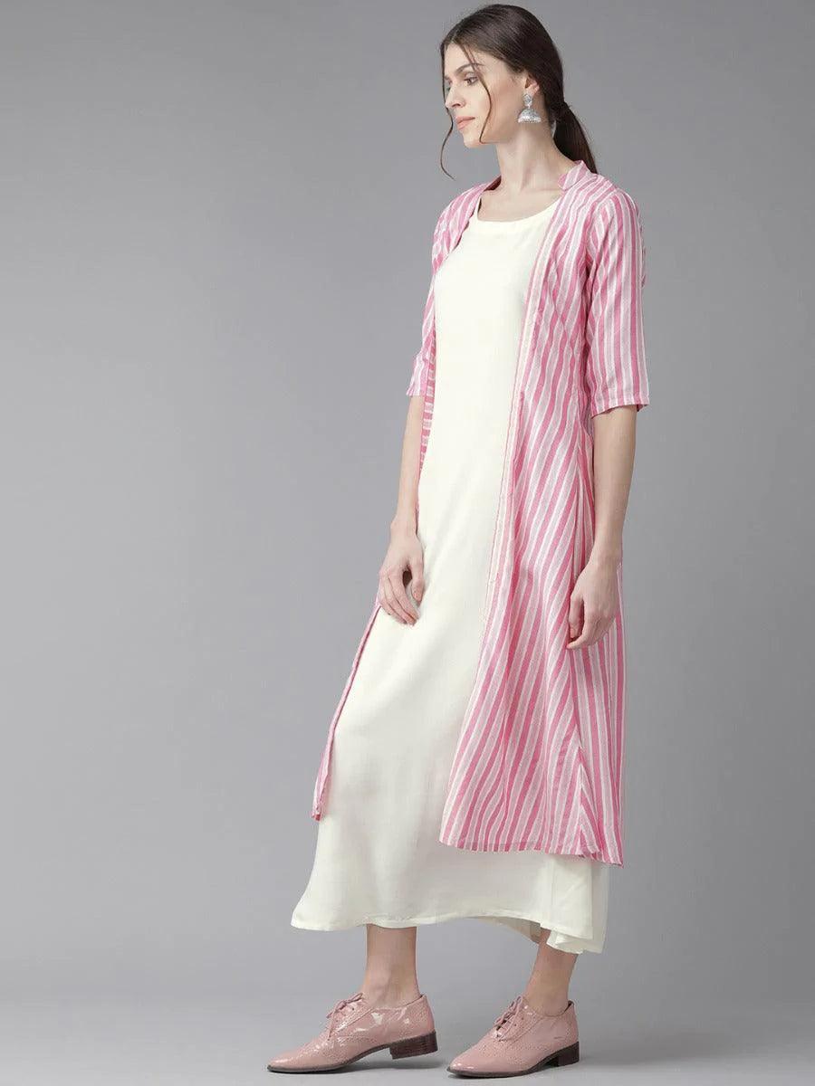 Off-White Striped Rayon Dress With Jacket - ShopLibas