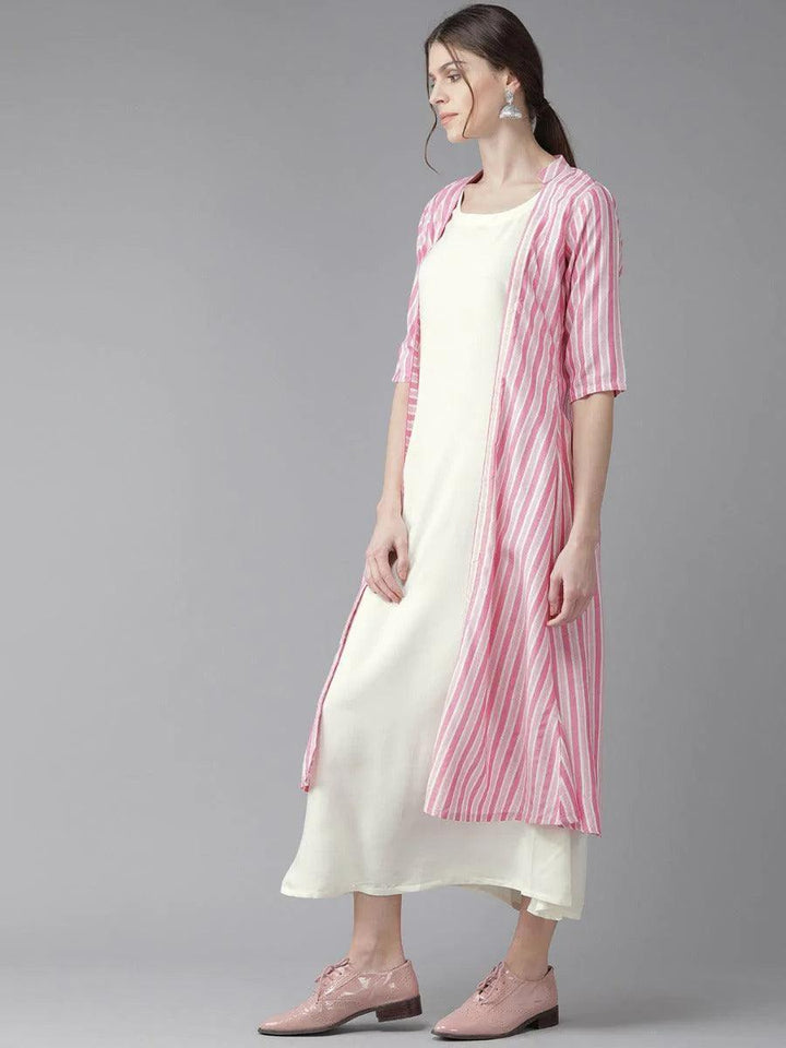 Off-White Striped Rayon Dress With Jacket
