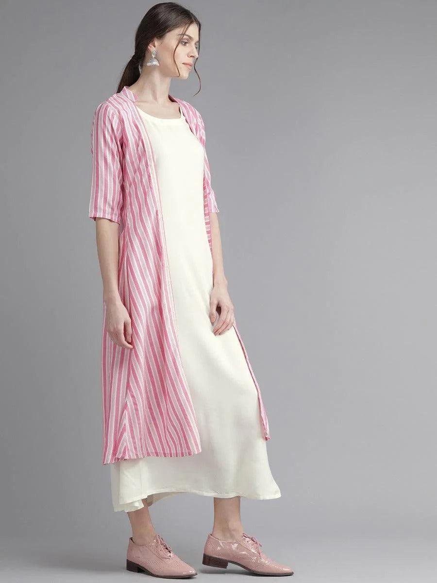 Off-White Striped Rayon Dress With Jacket - ShopLibas