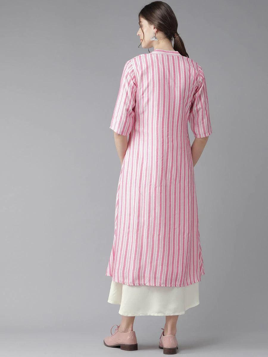 Off-White Striped Rayon Dress With Jacket - ShopLibas