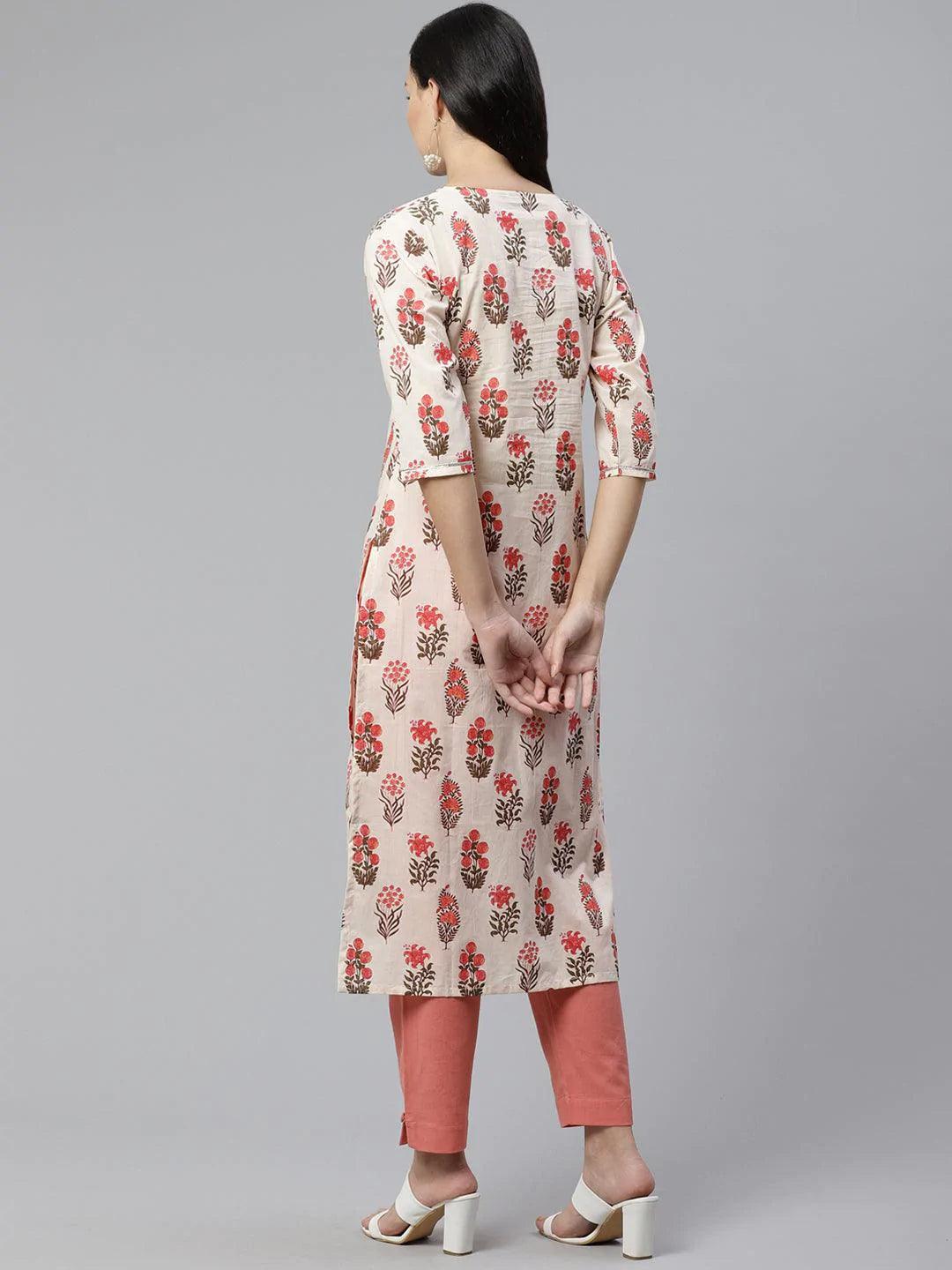 Off White Printed Cotton Kurta - ShopLibas