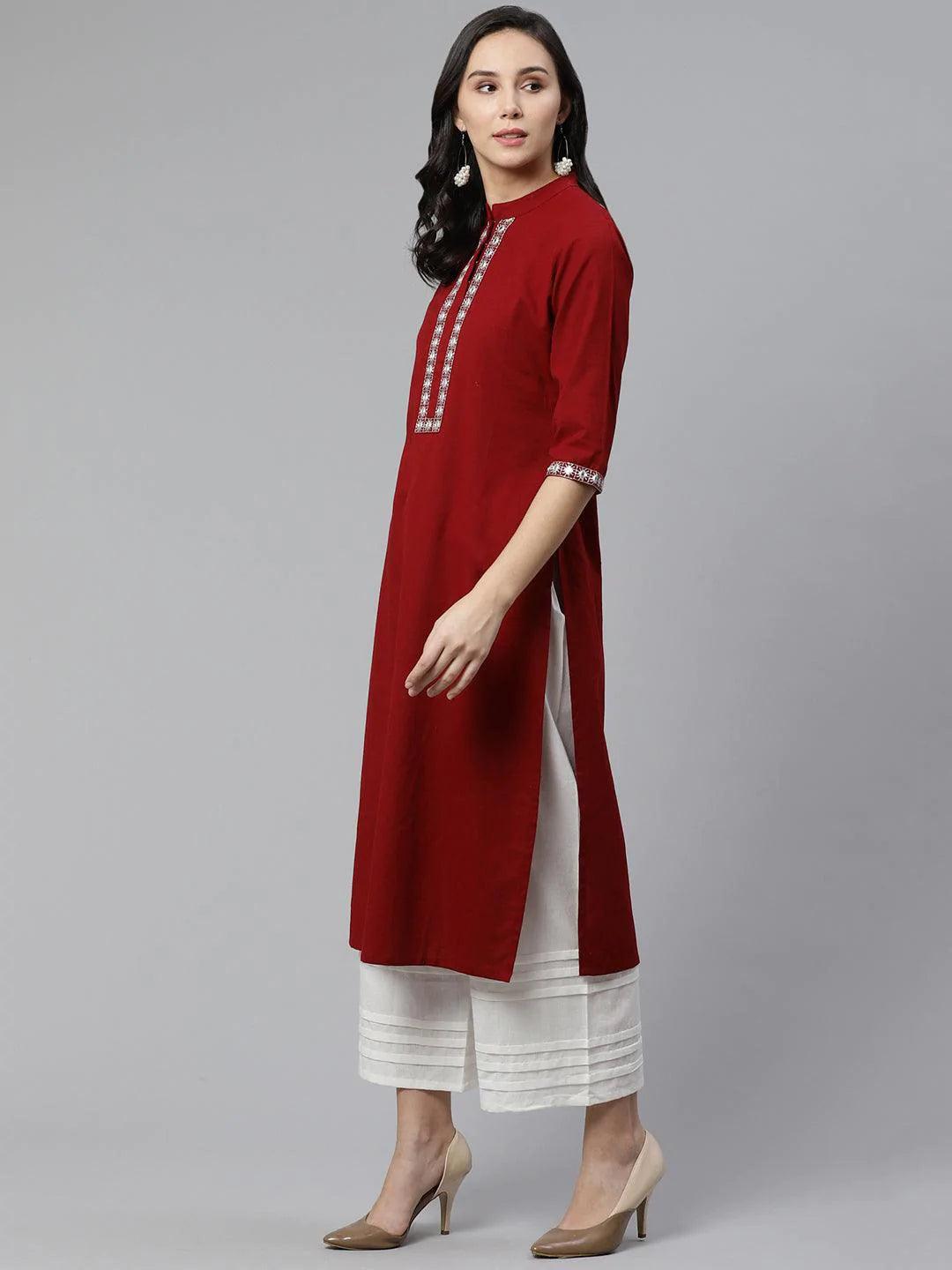 Maroon Embroidered Cotton Kurta - ShopLibas