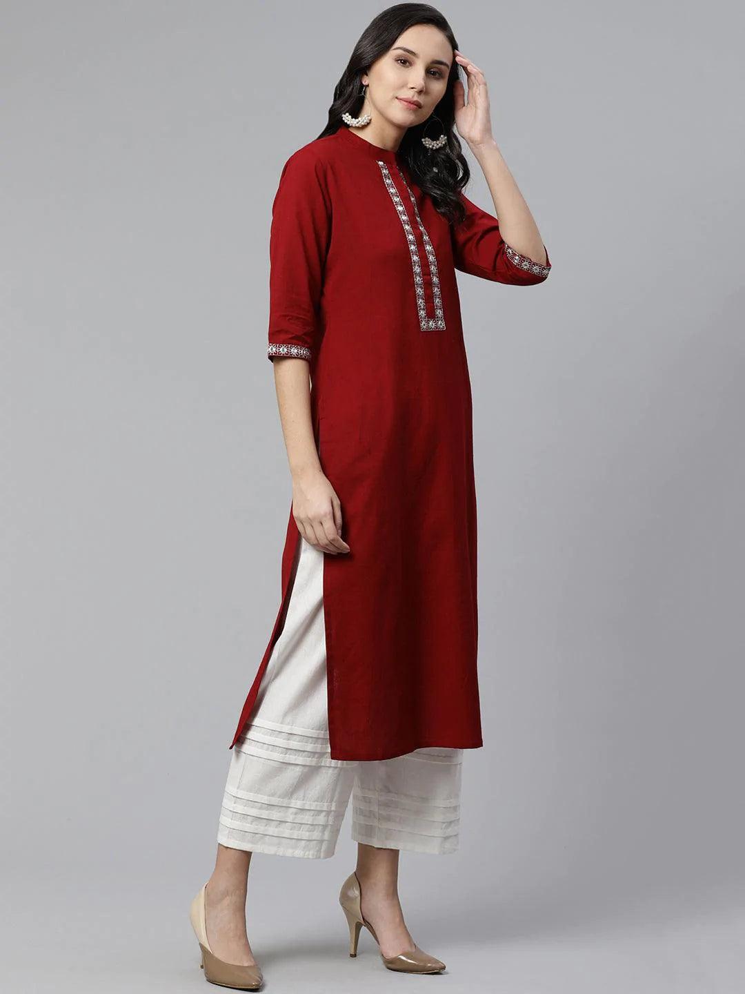 Maroon Embroidered Cotton Kurta - ShopLibas