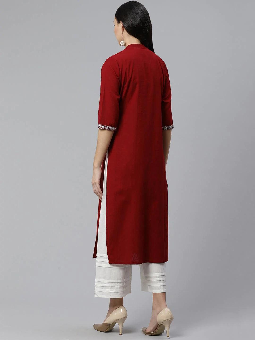 Maroon Embroidered Cotton Kurta - ShopLibas