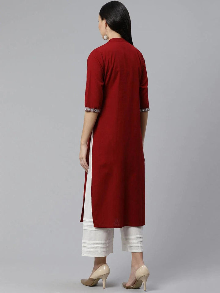 Maroon Embroidered Cotton Kurta