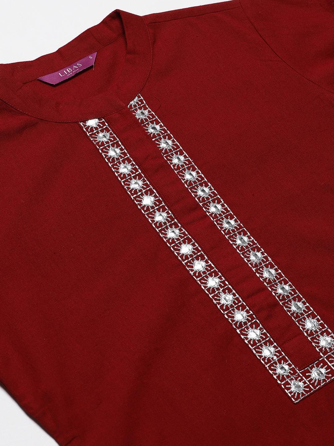 Maroon Embroidered Cotton Kurta - ShopLibas