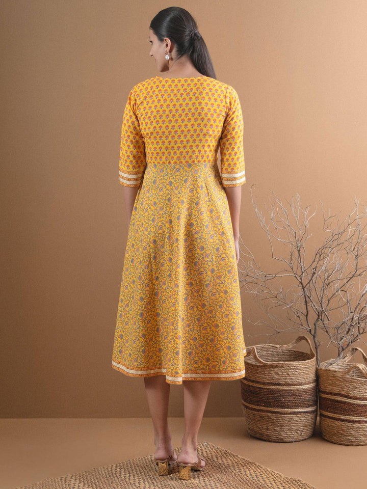 Yellow Printed Cotton Dress With Mask