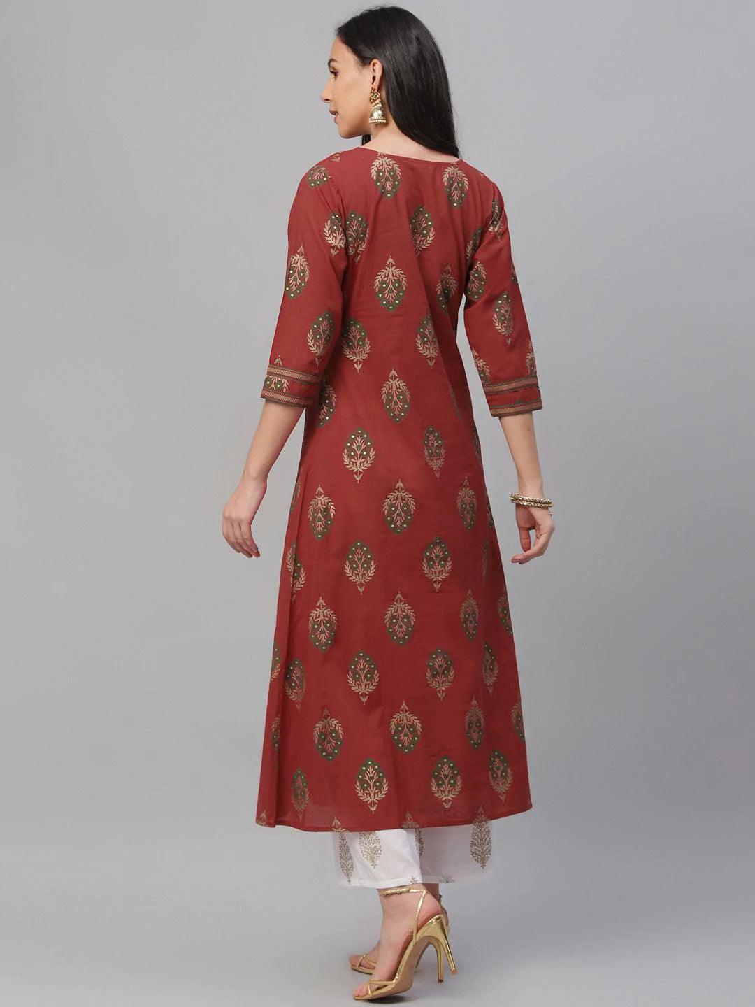Red Printed Cotton Kurta - ShopLibas