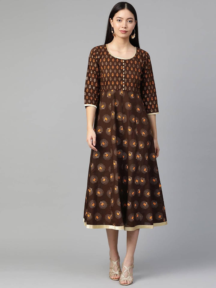 Brown Printed Cotton Dress