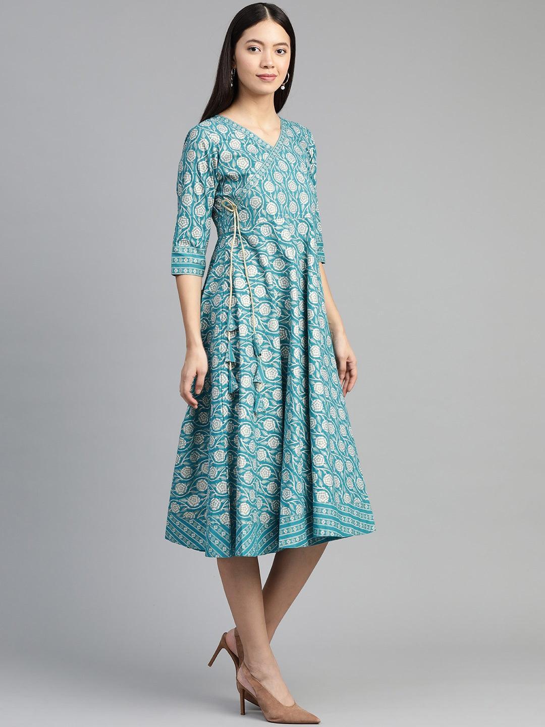 Blue Printed Cotton Dress - ShopLibas