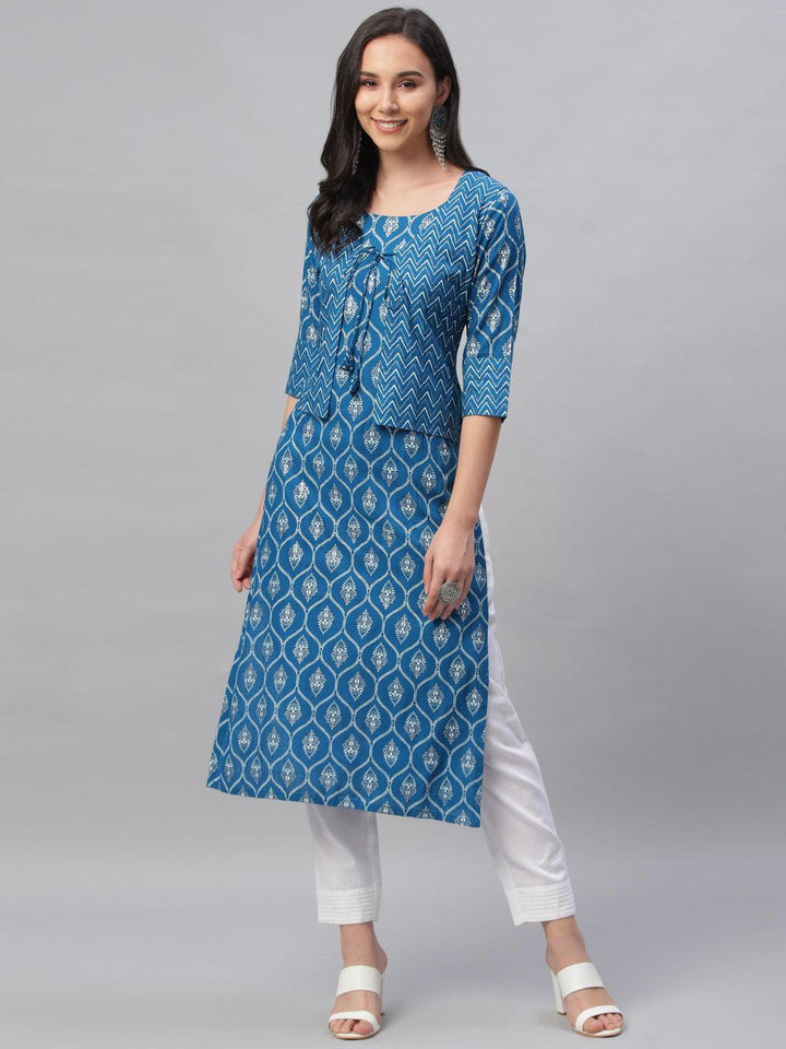 Blue Printed Rayon Kurta With Jacket