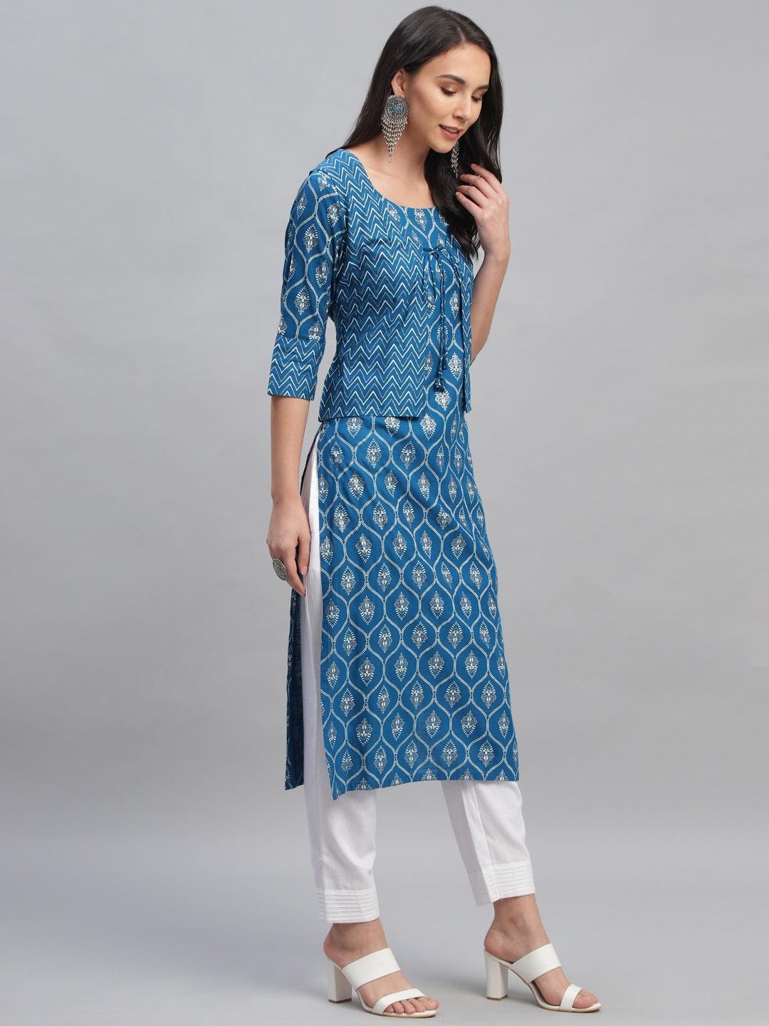 Blue Printed Rayon Kurta With Jacket - ShopLibas