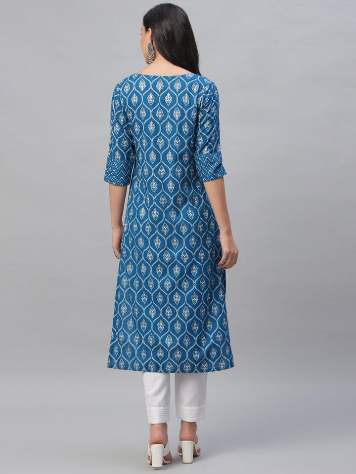Blue Printed Rayon Kurta With Jacket