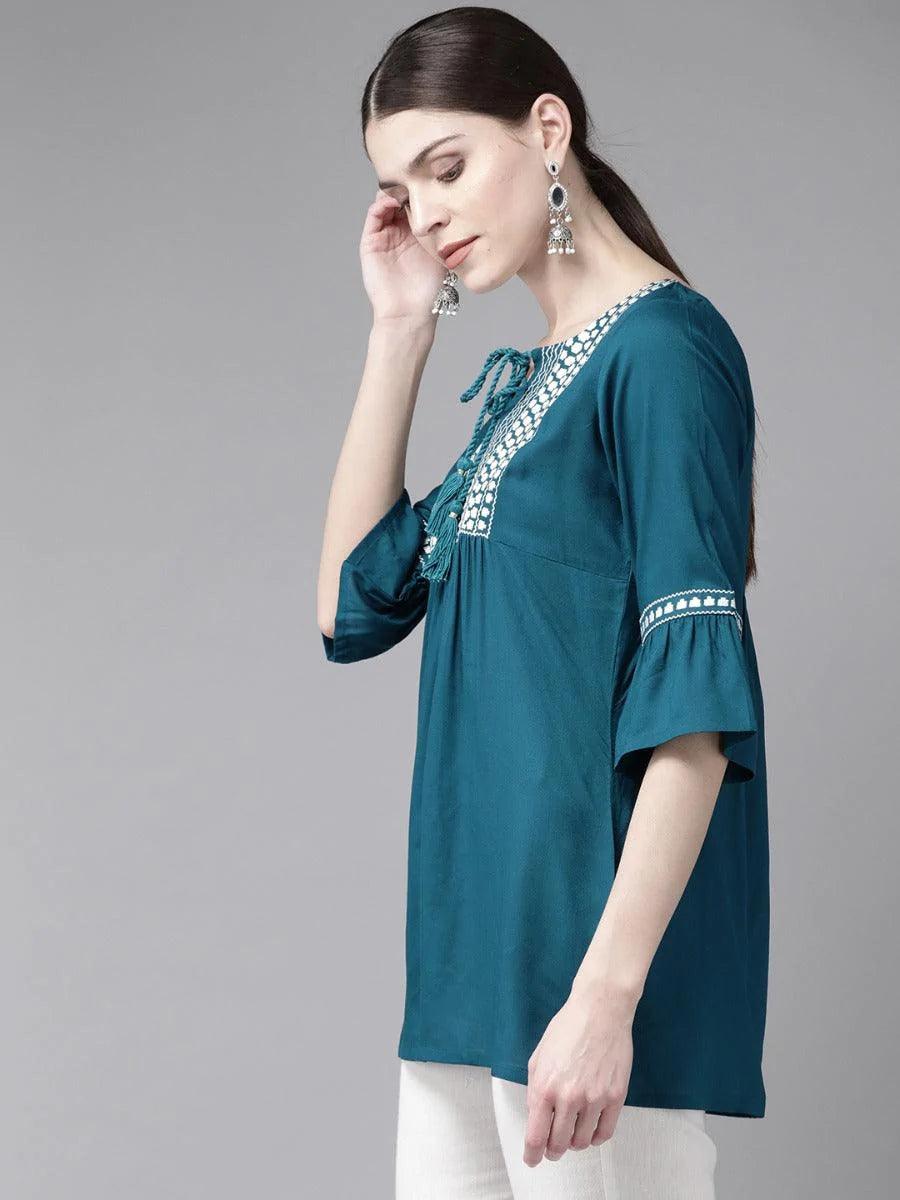 Blue Embroidered Rayon Kurti - ShopLibas