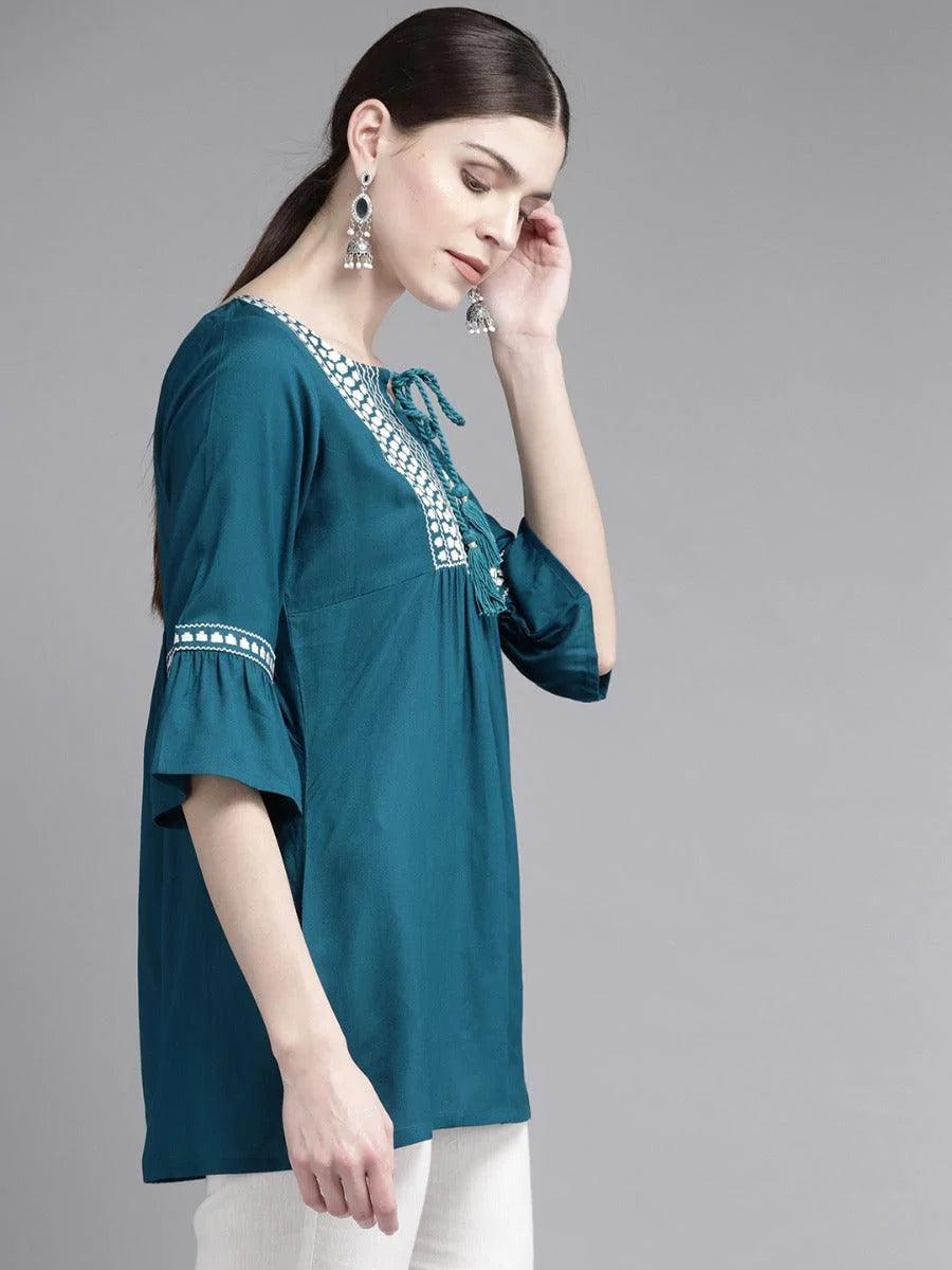 Blue Embroidered Rayon Kurti - ShopLibas