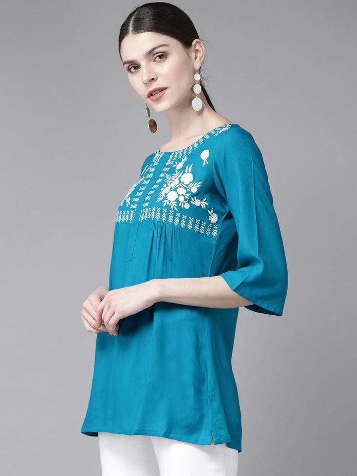 Blue Embroidered Rayon Kurti