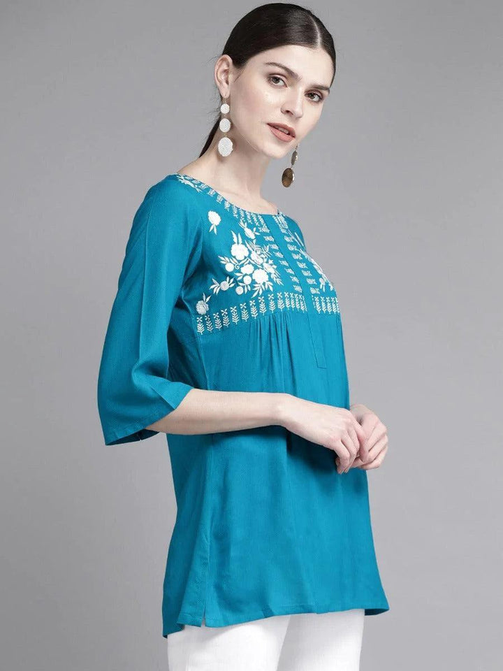 Blue Embroidered Rayon Kurti