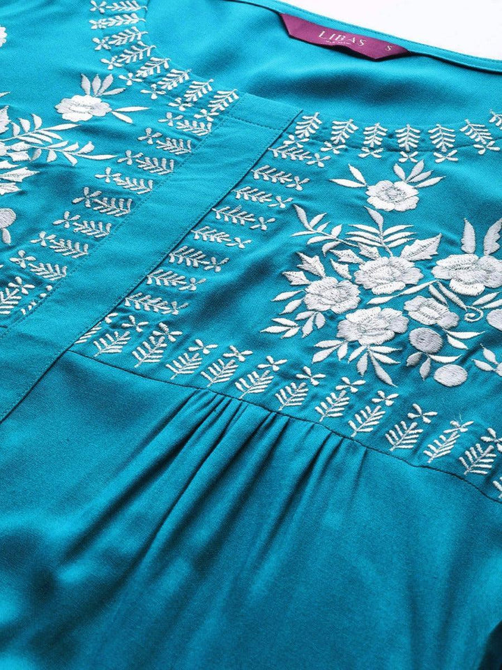 Blue Embroidered Rayon Kurti