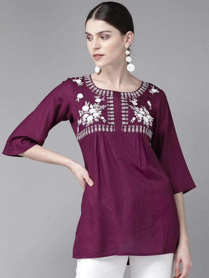 Purple Embroidered Rayon Kurti