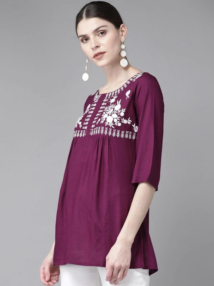 Purple Embroidered Rayon Kurti - ShopLibas
