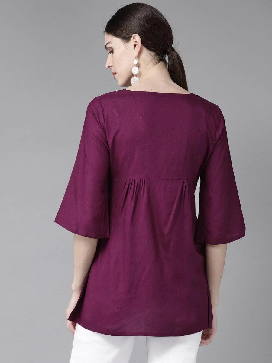 Purple Embroidered Rayon Kurti - ShopLibas
